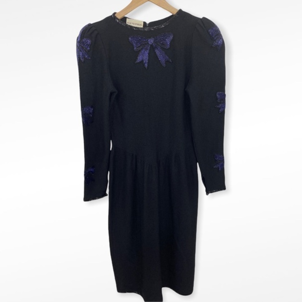 Vintage Adolfo NY Black + Purple Knit Beaded Bow One of a Kind Dress